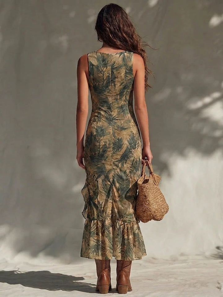 Casa Marbella™ | Vestido Maxi con Estampado de Palma y Volantes