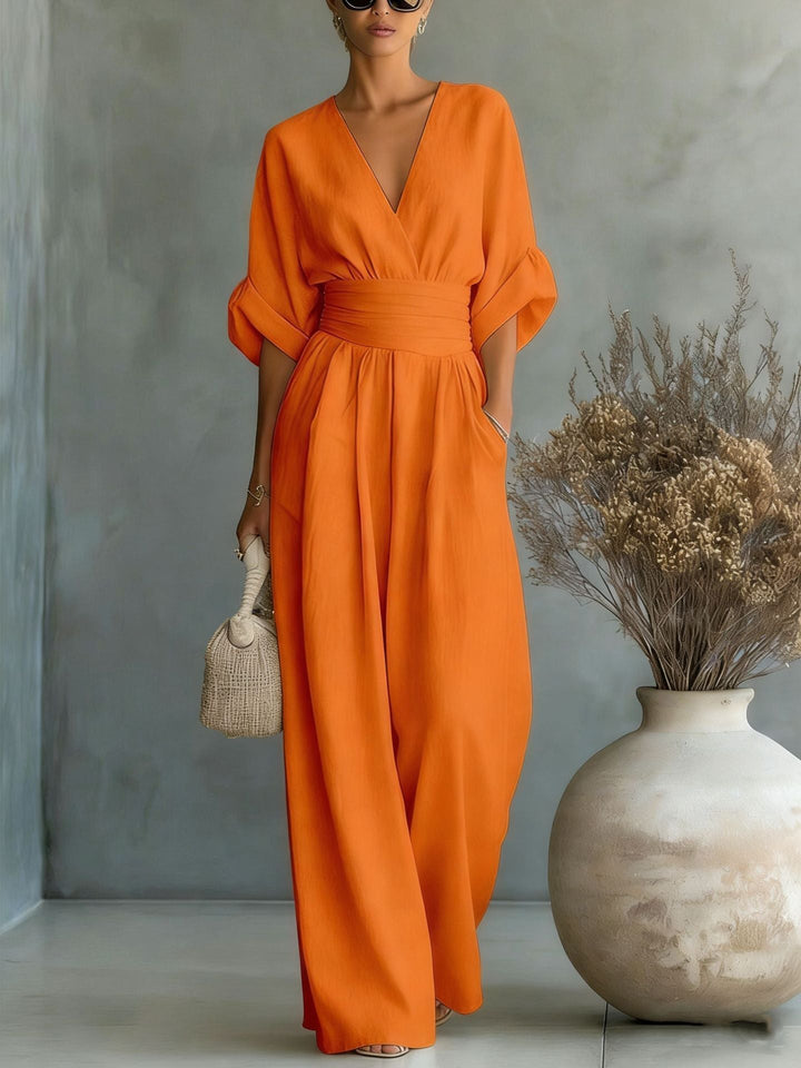 Casa Marbella™ | Vestido Elegante con Escote en V, Espalda Descubierta y Mangas Fluidas