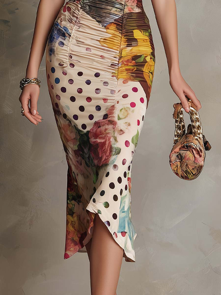 Casa Marbella™ | Vestido Midi Bodycon Fruncido con Encaje y Estampado Mixto