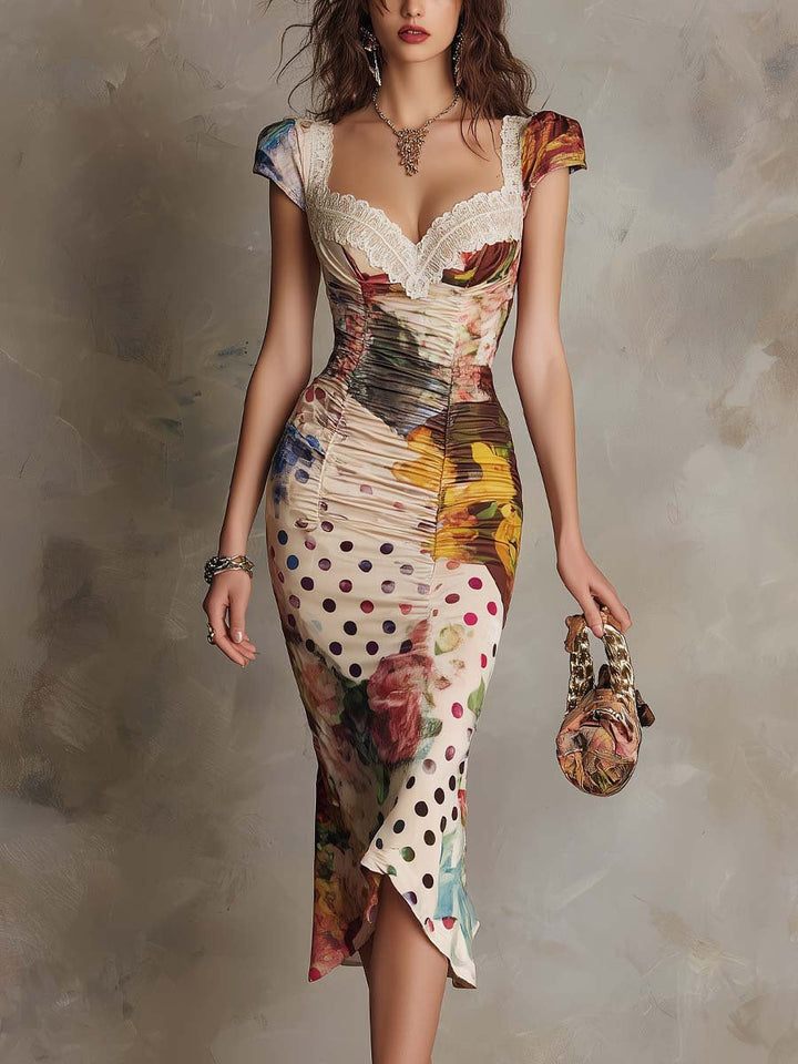 Casa Marbella™ | Vestido Midi Bodycon Fruncido con Encaje y Estampado Mixto
