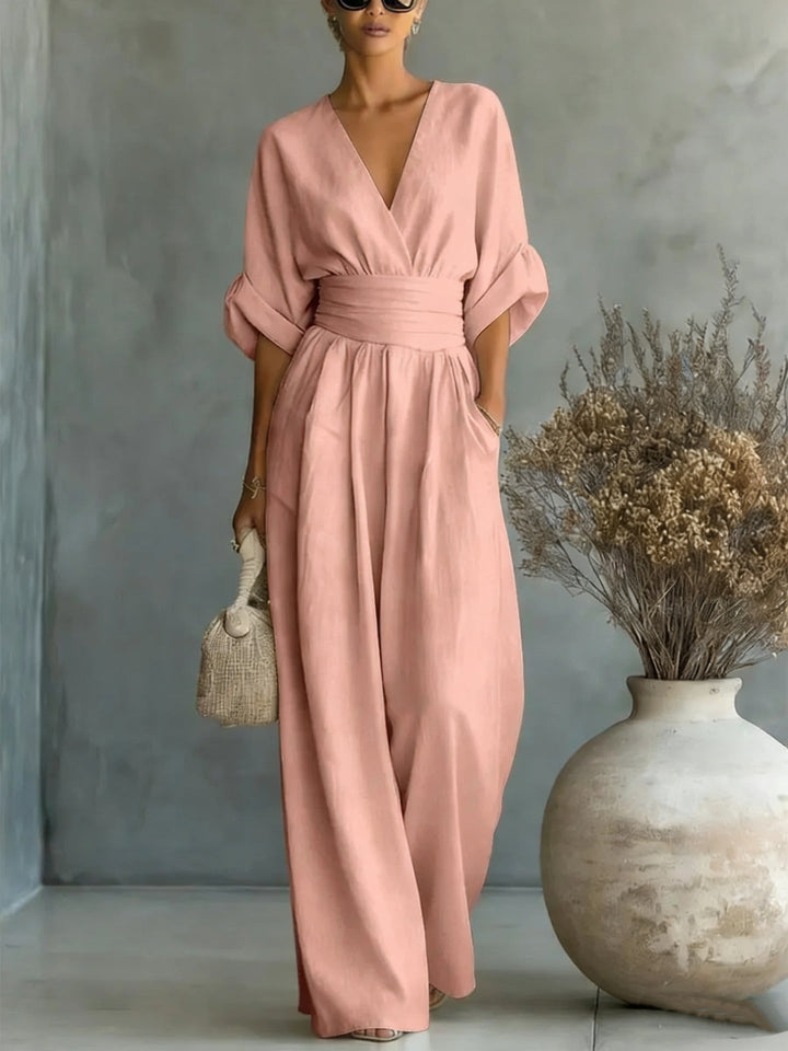 Casa Marbella™ | Vestido Elegante con Escote en V, Espalda Descubierta y Mangas Fluidas