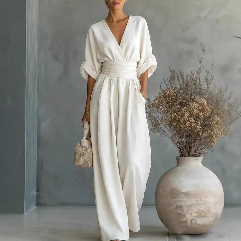 Casa Marbella™ | Vestido Elegante en V, Espalda Descubierta y Mangas Fluidas