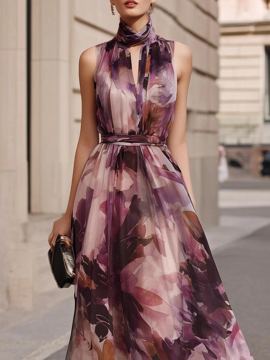 Casa Marbella™ | Vestido Maxi Floral con Cuello de Lazo y Cinturón