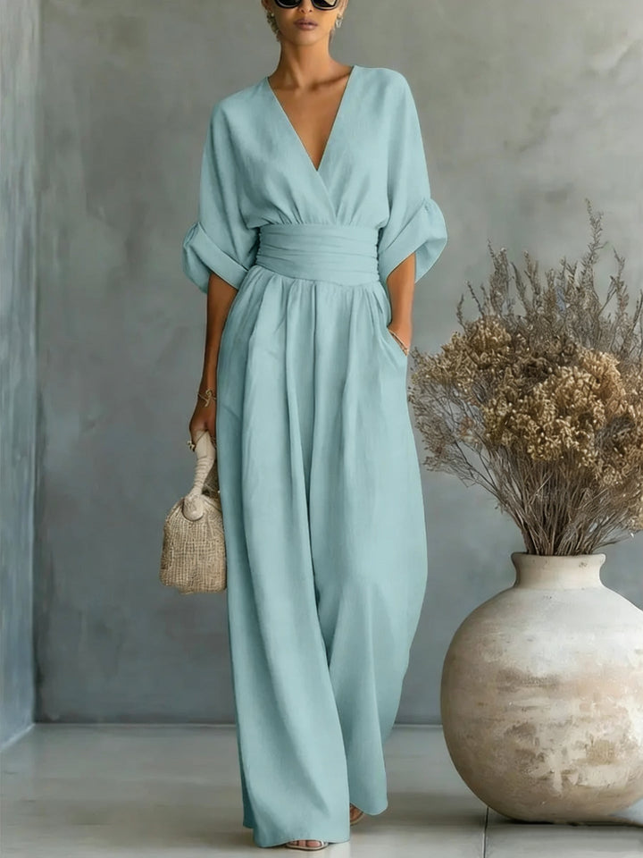 Casa Marbella™ | Vestido Elegante en V, Espalda Descubierta y Mangas Fluidas