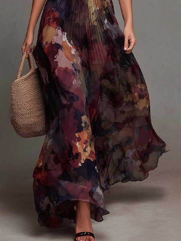 Casa Marbella™ | Vestido Maxi Plisado con Escote en V y Estampado Floral Acuarela