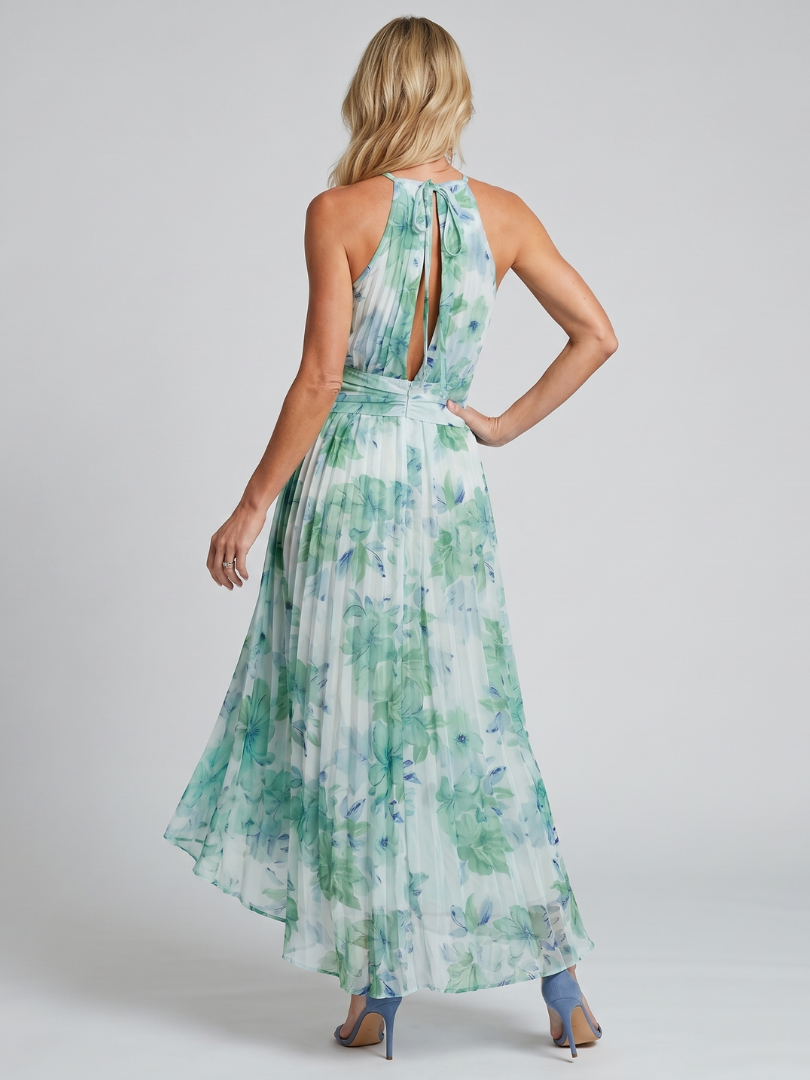 Casa Marbella™ | Vestido Midi Portia de Crepé Plisado con Cuello Halter y Estampado Floral