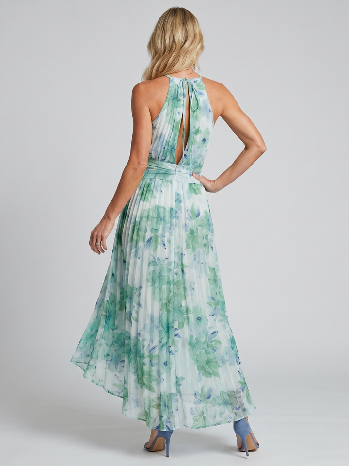 Casa Marbella™ | Vestido Midi Portia de Crepé Plisado con Cuello Halter y Estampado Floral