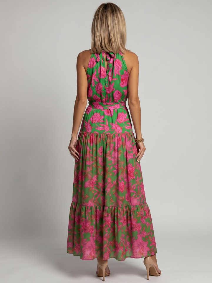 Casa Marbella™ | Vestido midi drapeado en rosa con escote halter elegante