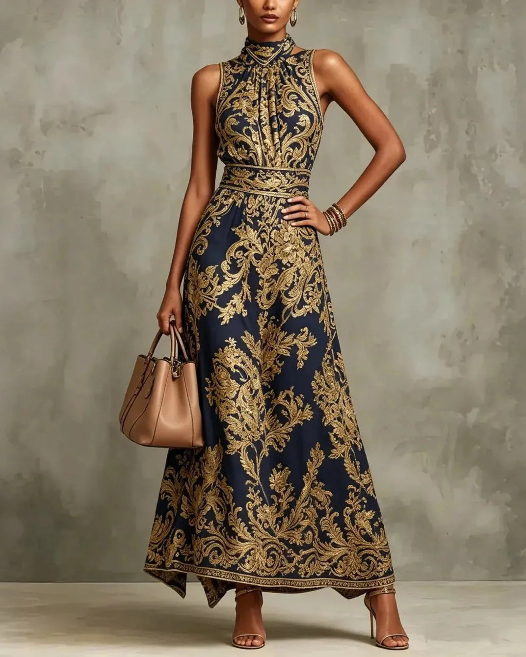 Casa Marbella™ | Vestido Largo Cornelia Glamour con Estampado Barroco Dorado