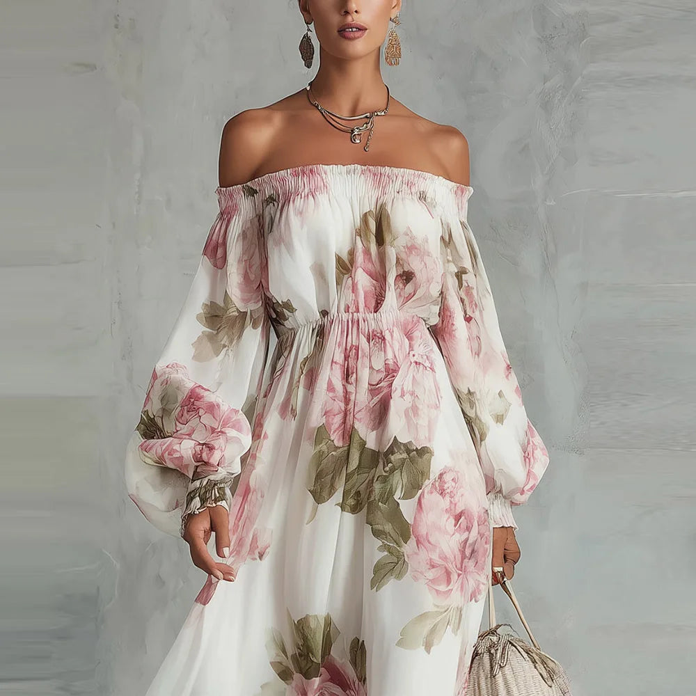 Casa Marbella™ | Vestido Maxi Payton Floral con Hombros Descubiertos y Mangas Largas