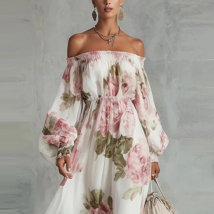 Casa Marbella™ | Vestido Maxi Payton Floral con Hombros Descubiertos y Mangas Largas