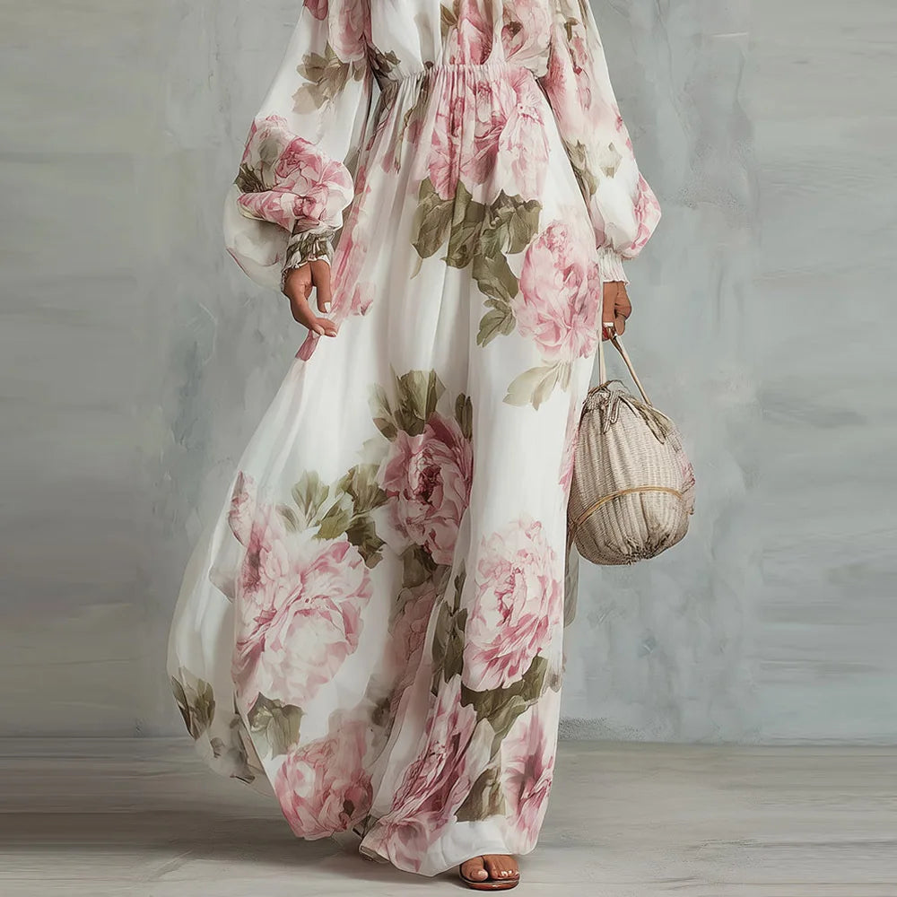Casa Marbella™ | Vestido Maxi Payton Floral con Hombros Descubiertos y Mangas Largas