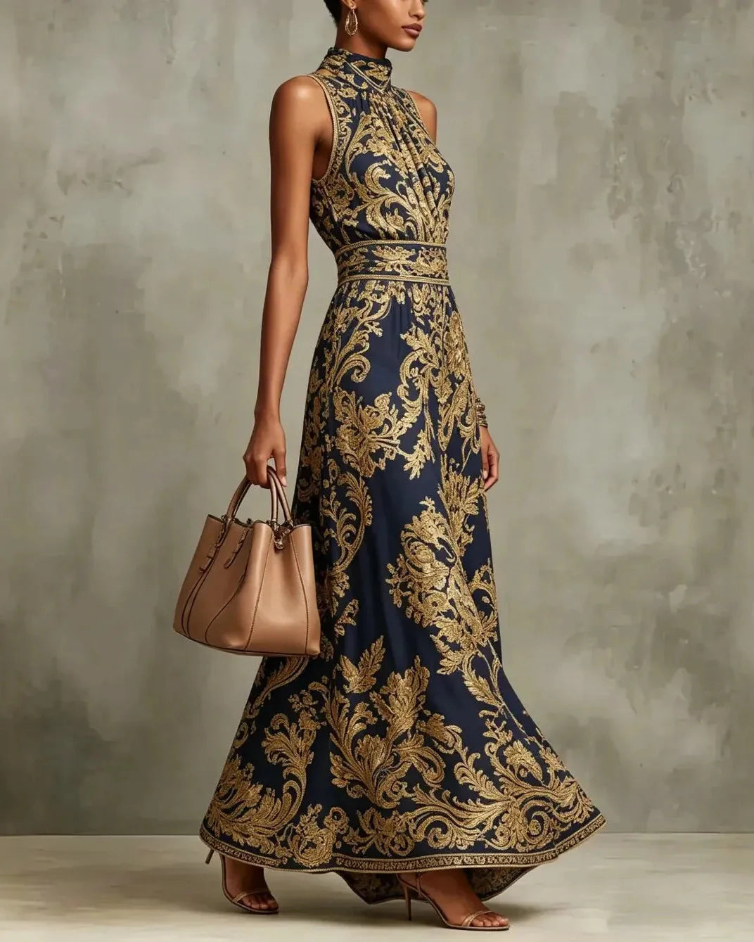 Casa Marbella™ | Vestido Largo Cornelia Glamour con Estampado Barroco Dorado