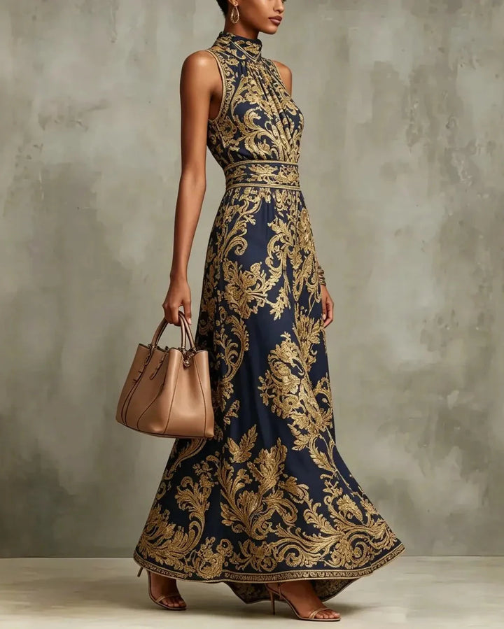 Casa Marbella™ | Vestido Largo Cornelia Glamour con Estampado Barroco Dorado