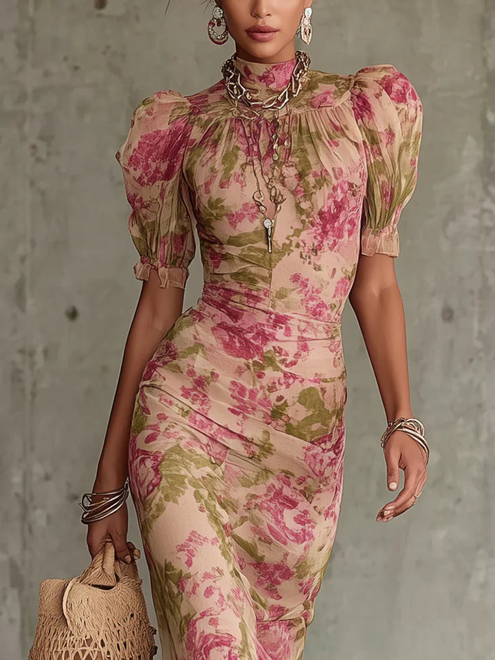 Casa Marbella™ | Vestido Maxi Fiora Rosa Vintage con Mangas Abullonadas