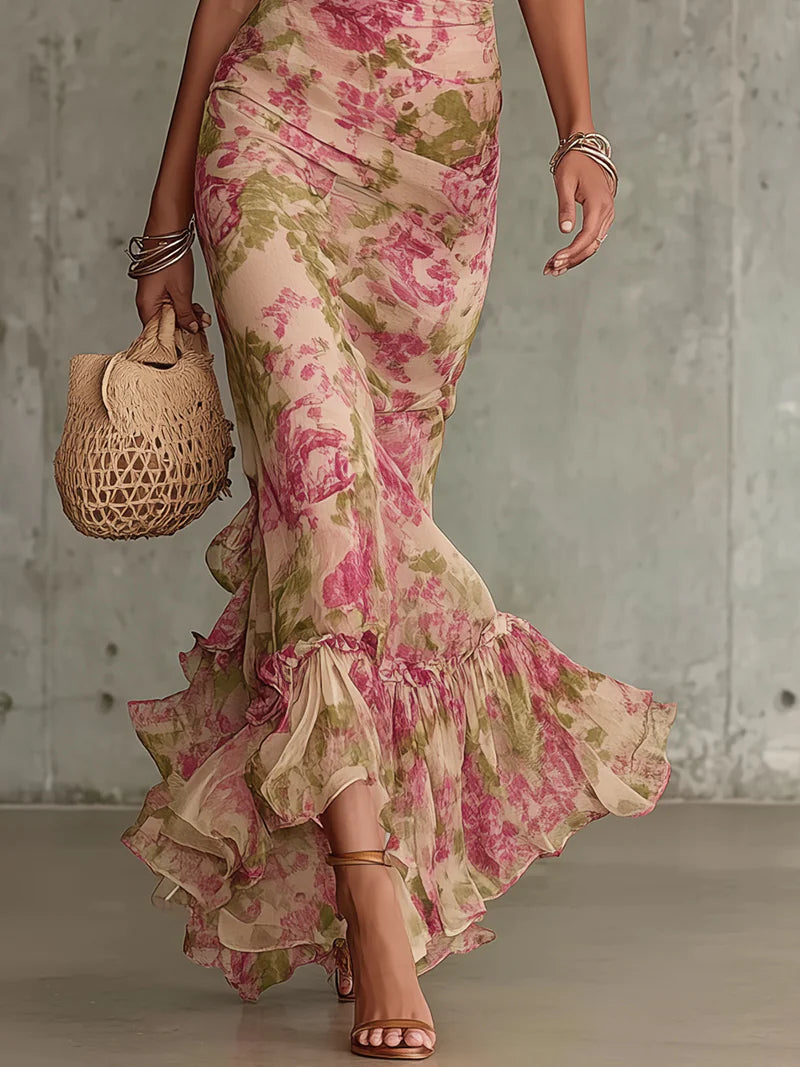 Casa Marbella™ | Vestido Maxi Fiora Rosa Vintage con Mangas Abullonadas