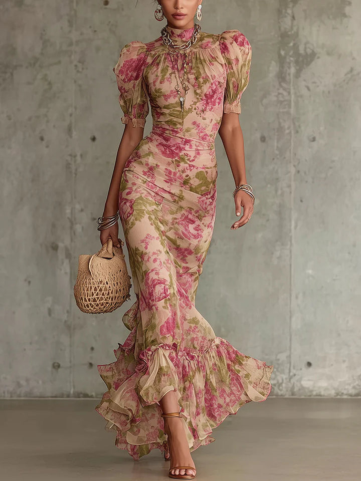 Casa Marbella™ | Vestido Maxi Fiora Rosa Vintage con Mangas Abullonadas