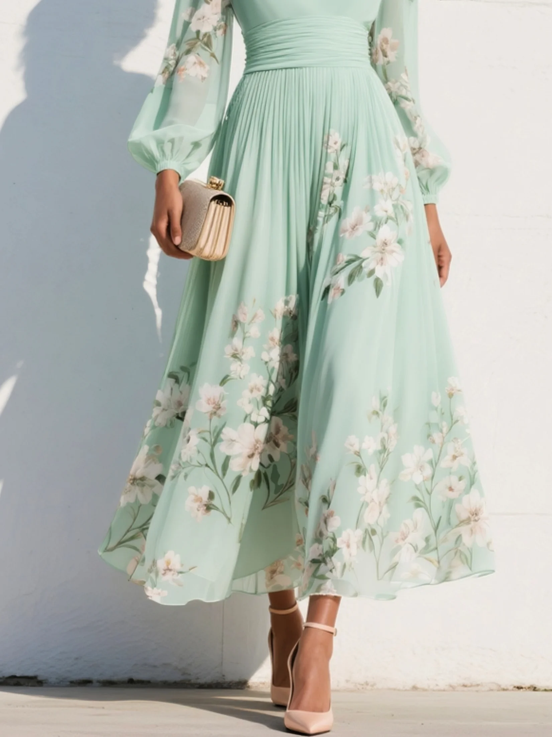 Casa Marbella™ | Vestido Midi Cisella Verde Claro con Estampado Floral