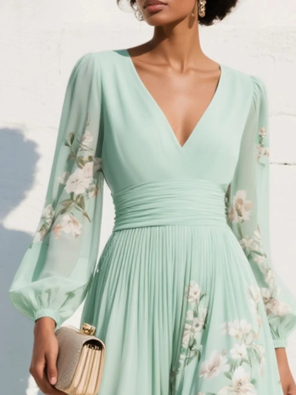 Casa Marbella™ | Vestido Midi Cisella Verde Claro con Estampado Floral