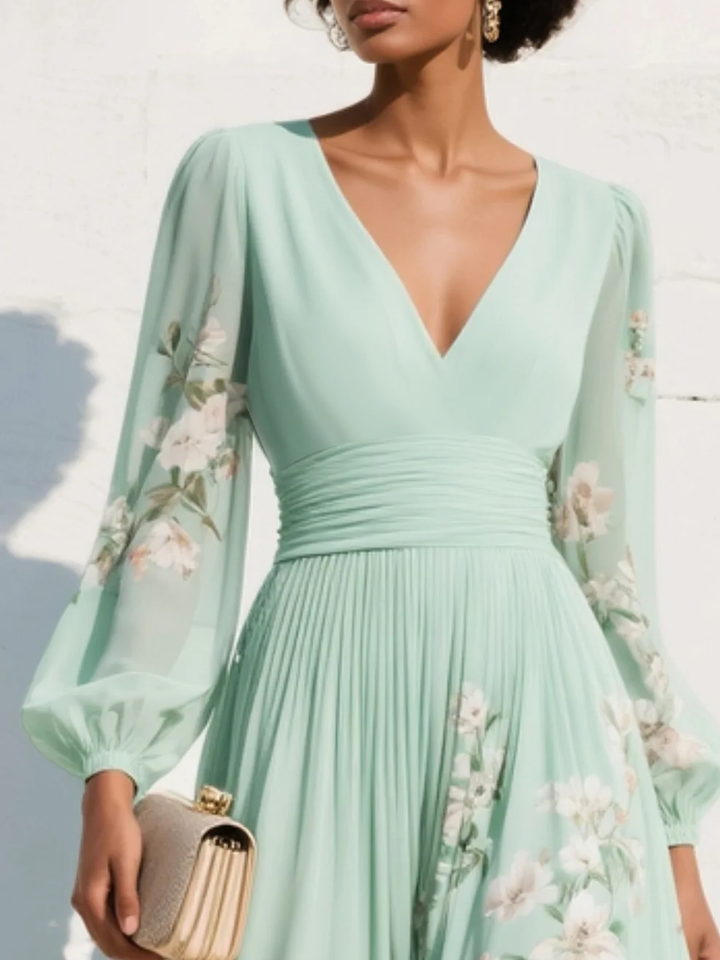 Casa Marbella™ | Vestido Midi Cisella Verde Claro con Estampado Floral