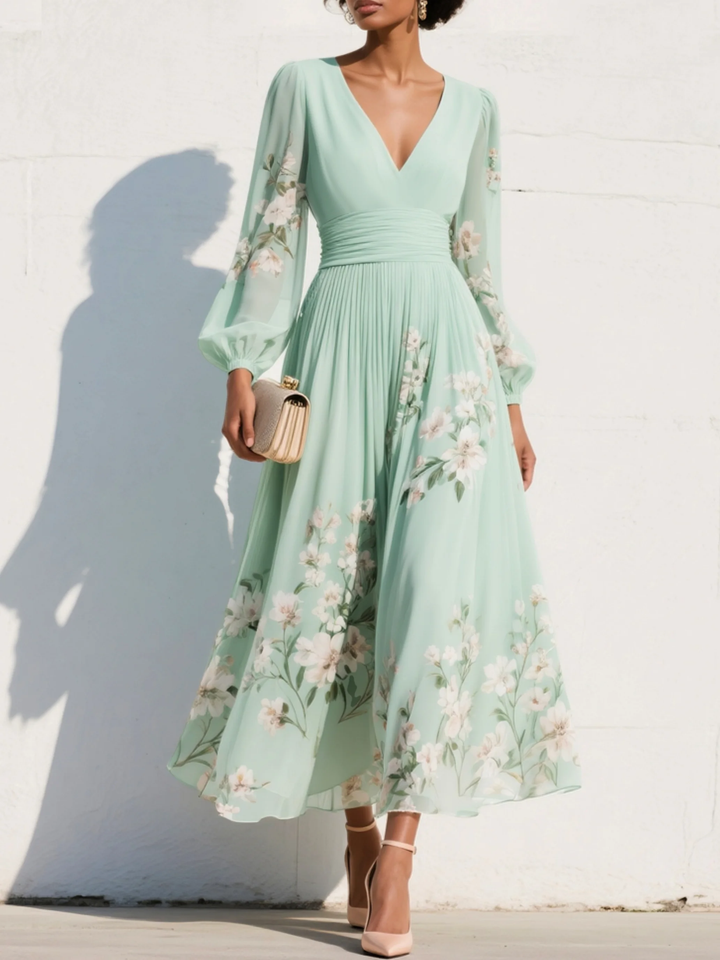 Casa Marbella™ | Vestido Midi Cisella Verde Claro con Estampado Floral