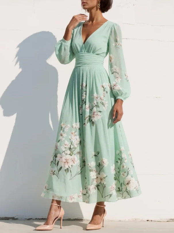 Casa Marbella™ | Vestido Midi Cisella Verde Claro con Estampado Floral