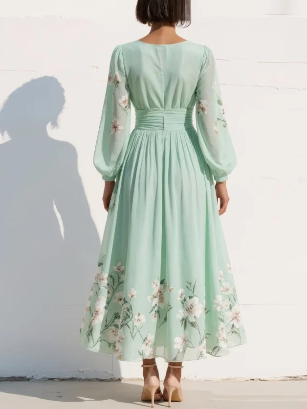 Casa Marbella™ | Vestido Midi Cisella Verde Claro con Estampado Floral