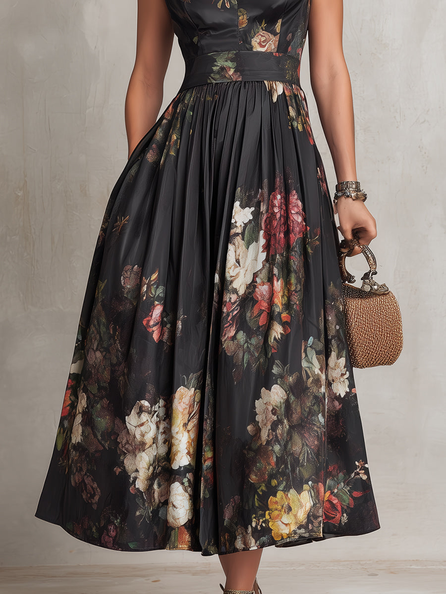 Casa Marbella™ | Vestido Midi Violetta Negro de Satén Plisado con Estampado Floral y Escote Ojal