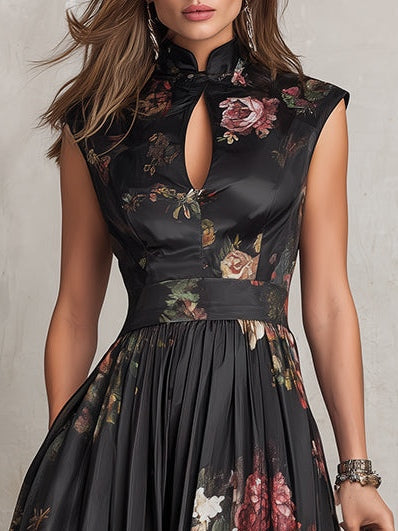 Casa Marbella™ | Vestido Midi Violetta Negro de Satén Plisado con Estampado Floral y Escote Ojal