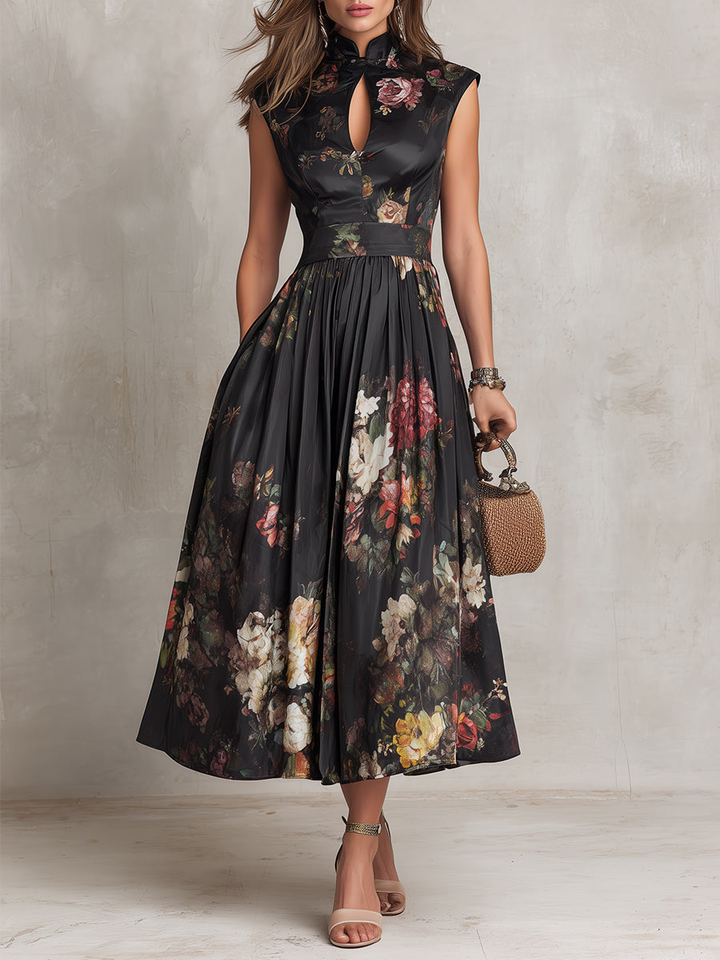 Casa Marbella™ | Vestido Midi Violetta Negro de Satén Plisado con Estampado Floral y Escote Ojal