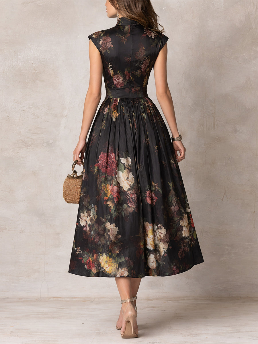 Casa Marbella™ | Vestido Midi Violetta Negro de Satén Plisado con Estampado Floral y Escote Ojal