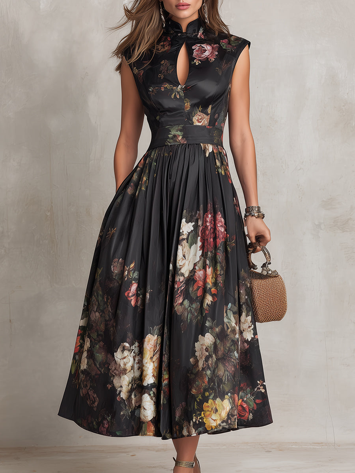 Casa Marbella™ | Vestido Midi Violetta Negro de Satén Plisado con Estampado Floral y Escote Ojal
