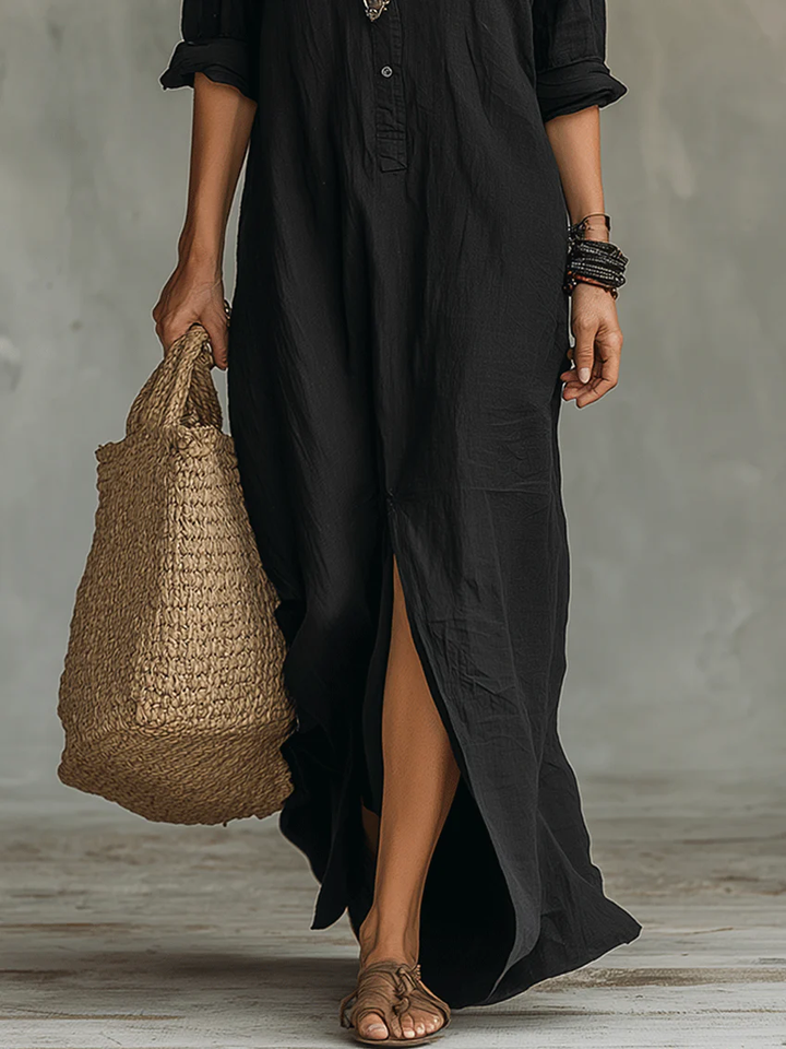 Casa Marbella™ | Vestido Maxi Soline Negro con Botones