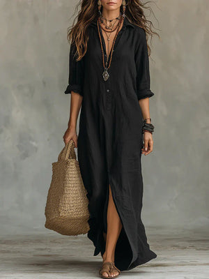 Casa Marbella™ | Vestido Maxi Negro Holgado con Botones Céline
