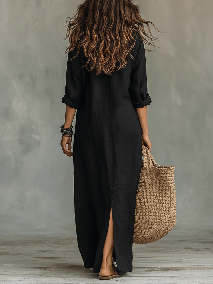 Casa Marbella™ | Vestido Maxi Soline Negro con Botones