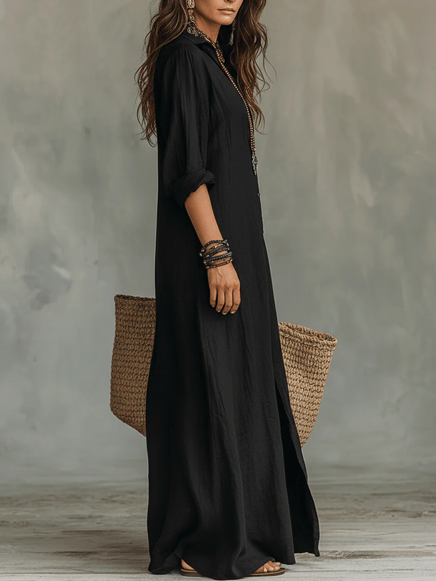 Casa Marbella™ | Vestido Maxi Veronica Negro con Botones