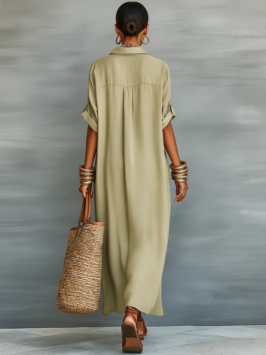 Casa Marbella™ | Vestido Largo Manelle Verde Oliva con Diseño Minimalista
