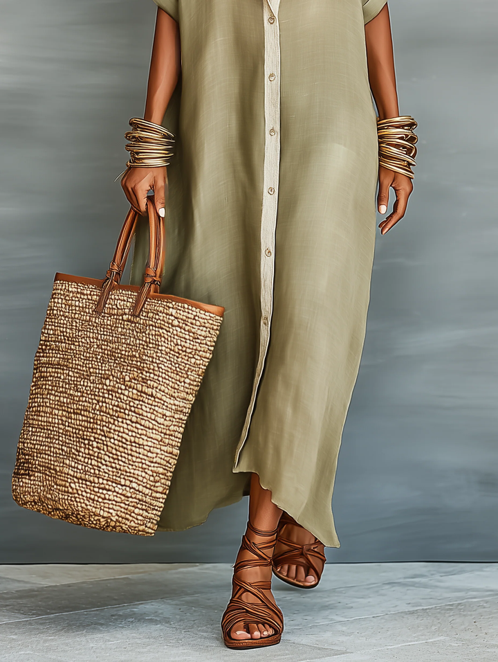 Casa Marbella™ | Vestido Largo Manelle Verde Oliva con Diseño Minimalista