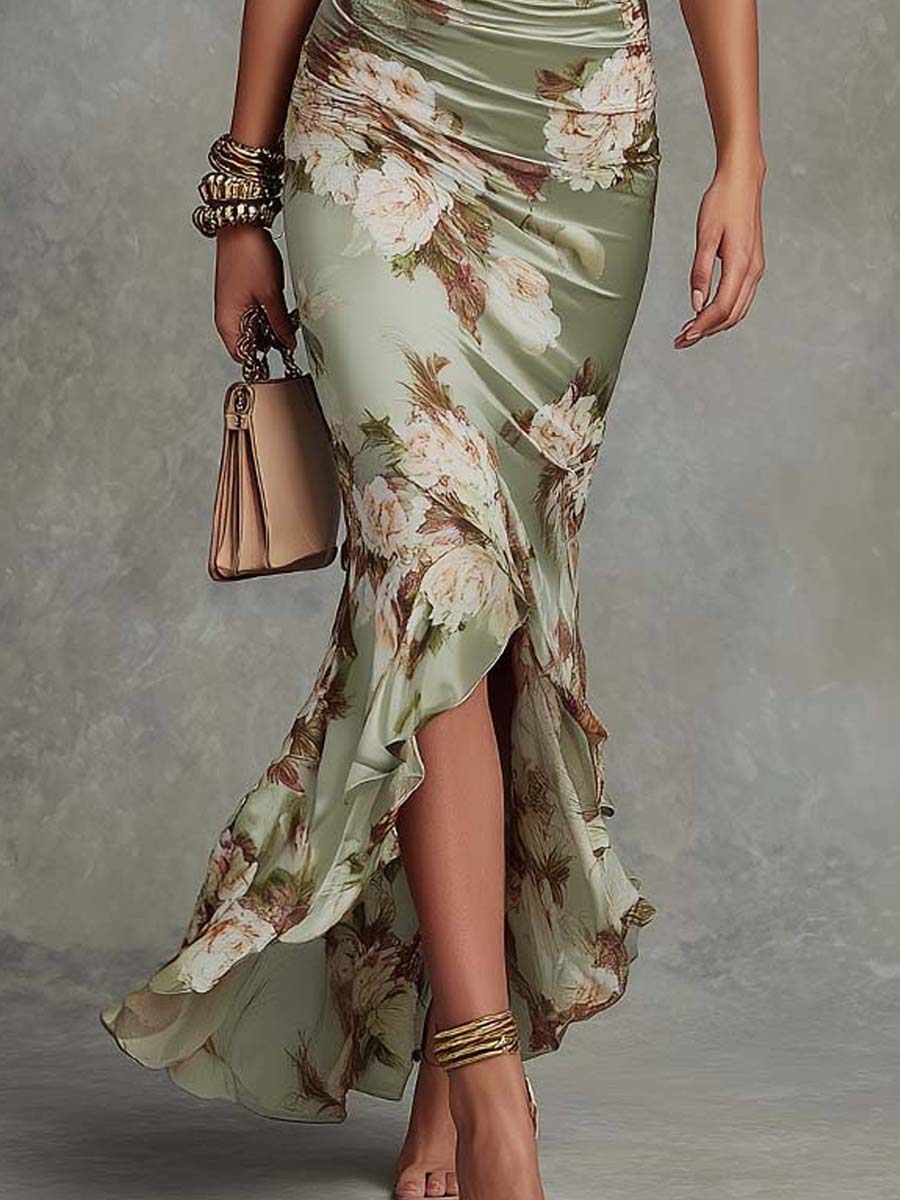 Casa Marbella™ | Vestido Maxi Anna Asimétrico de Satén Verde con Escote en V y Estampado Floral