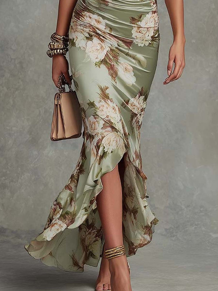 Casa Marbella™ | Vestido Maxi Anna Asimétrico de Satén Verde con Escote en V y Estampado Floral