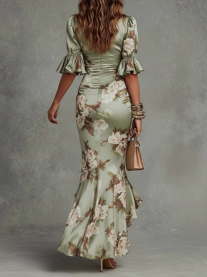 Casa Marbella™ | Vestido Ana Largo Asimétrico de Satén Verde con Escote en V