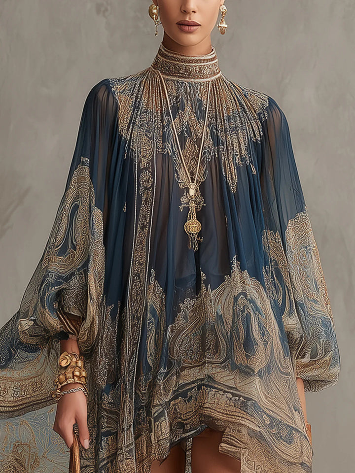 Casa Marbella™ | Vestido Mini Ludovica Azul con Estampado Barroco