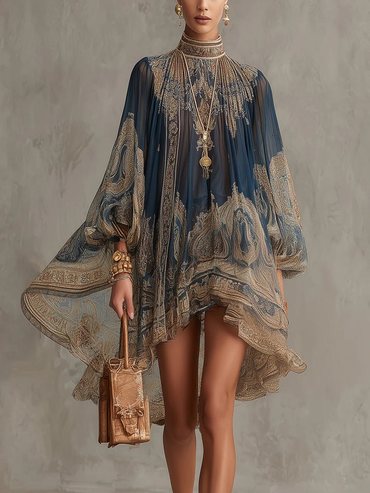 Casa Marbella™ | Vestido Mini Ludovica Azul con Estampado Barroco