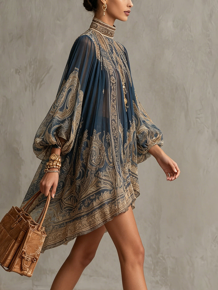 Casa Marbella™ | Vestido Mini Ludovica Azul con Estampado Barroco