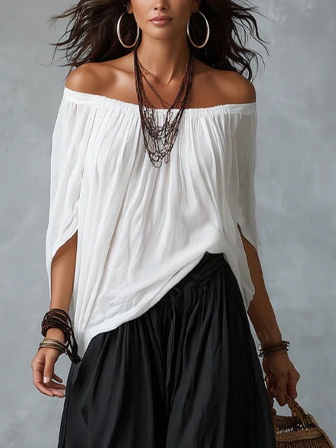 Casa Marbella™ | Conjunto Blanco de Hombros Descubiertos con Pantalón Acampanado
