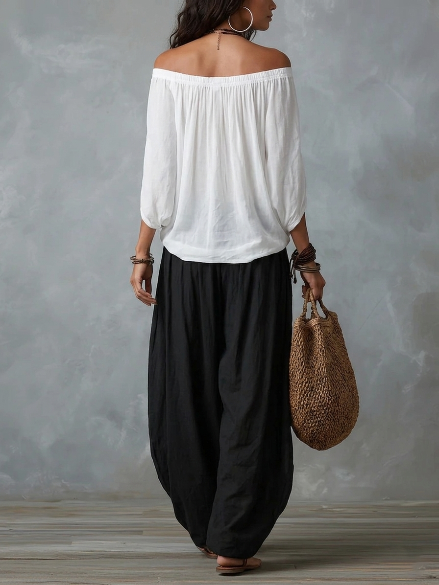 Casa Marbella™ | Conjunto Blanco de Hombros Descubiertos con Pantalón Acampanado