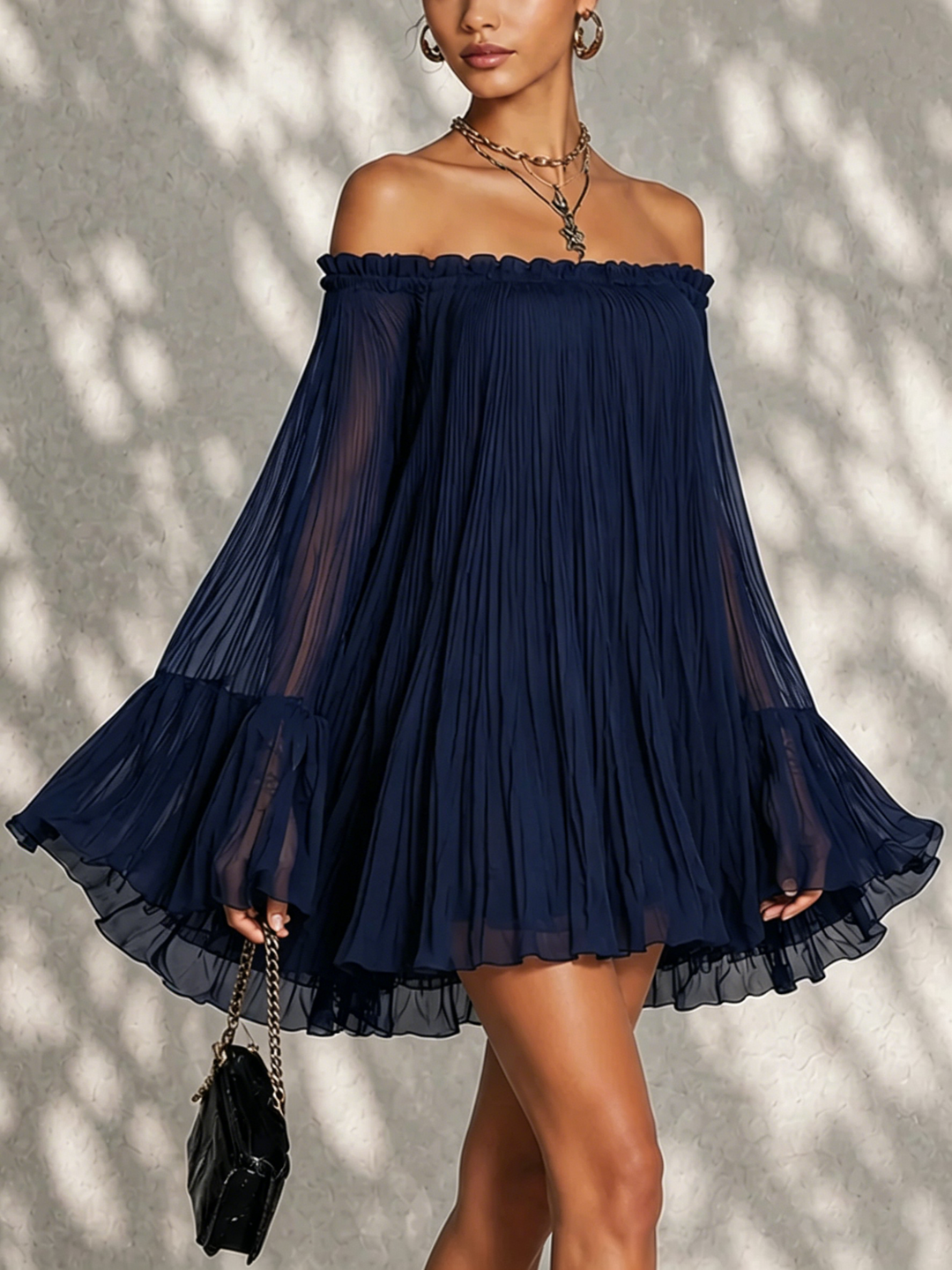 Casa Marbella™ | Vestido Mini Beatrice Azul con Hombros Descubiertos