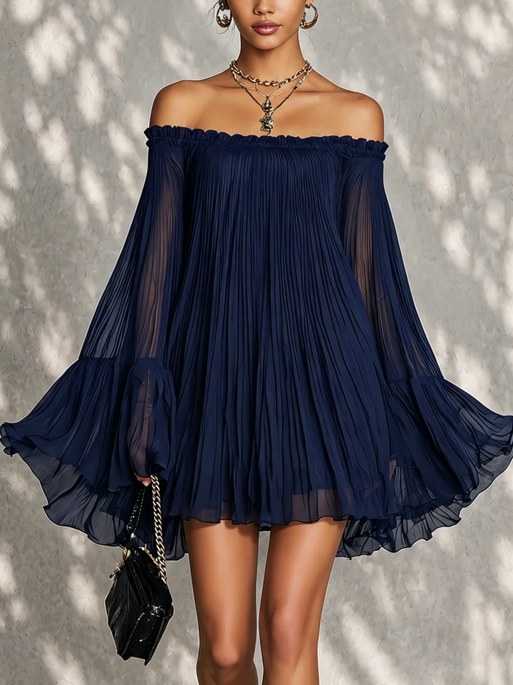 Casa Marbella™ | Vestido Mini Beatrice Azul con Hombros Descubiertos