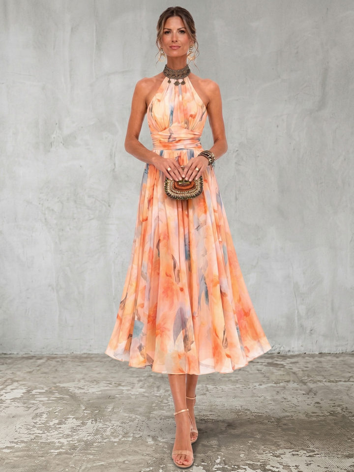 Casa Marbella™ | Vestido Aurora con Escote Halter y Estampado Acuarela