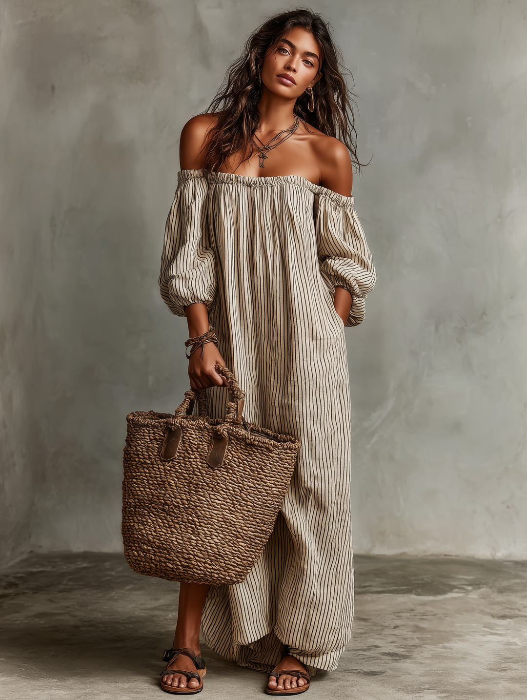 Casa Marbella™ | Vestido Largo Carmen de Algodón y Lino con Escote Bardot